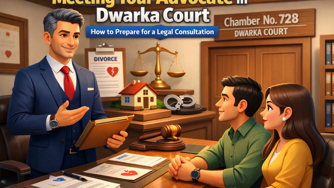 Client meeting an Advocate Dwarka Court for legal consultation regarding divorce, property dispute, criminal case and bail matters at Dwarka District Court Delhi