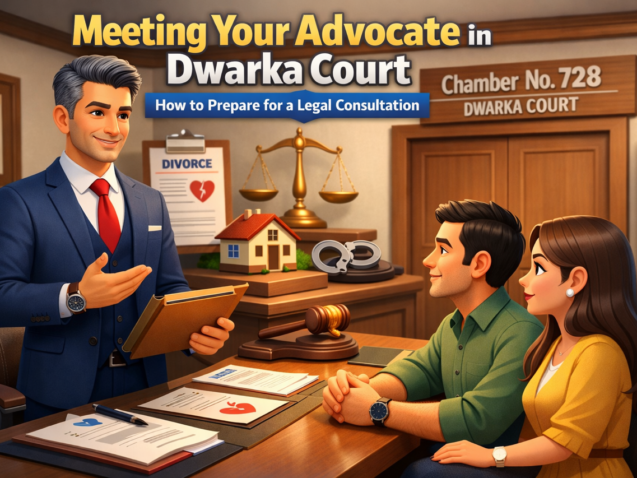 Client meeting an Advocate Dwarka Court for legal consultation regarding divorce, property dispute, criminal case and bail matters at Dwarka District Court Delhi