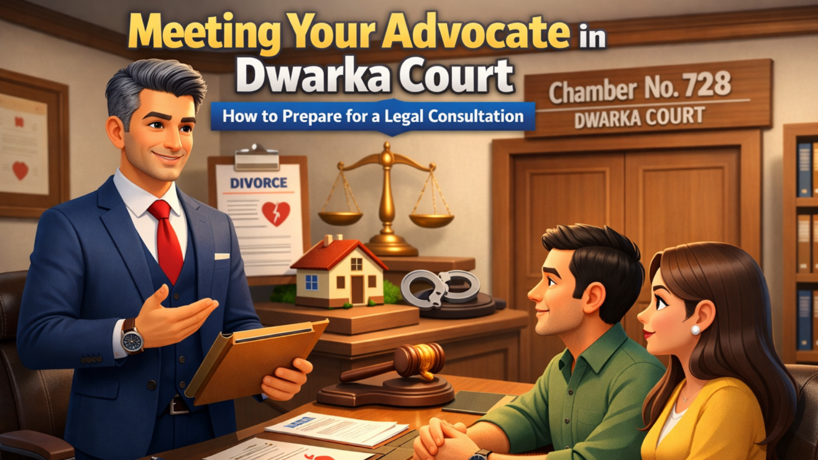 Client meeting an Advocate Dwarka Court for legal consultation regarding divorce, property dispute, criminal case and bail matters at Dwarka District Court Delhi