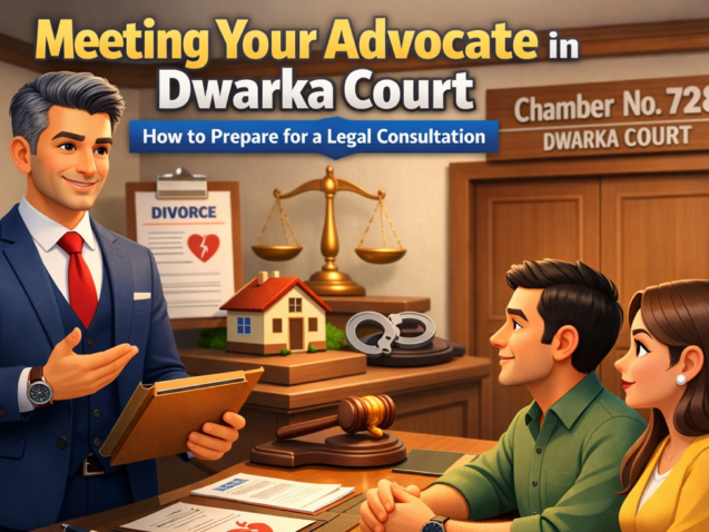 Client meeting an Advocate Dwarka Court for legal consultation regarding divorce, property dispute, criminal case and bail matters at Dwarka District Court Delhi