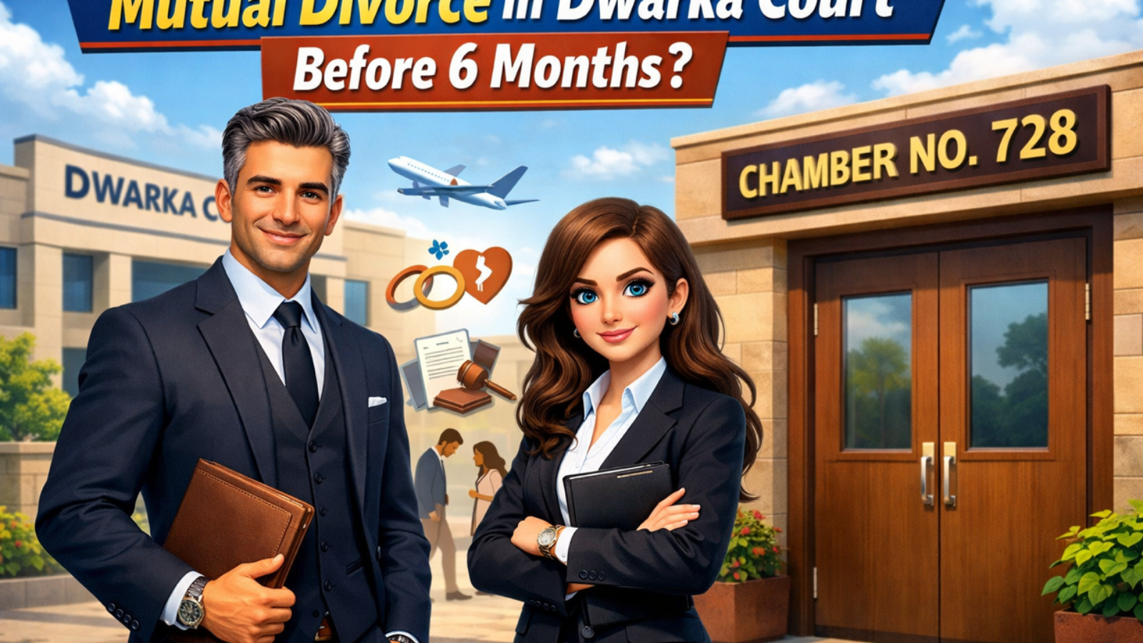 Illustration of advocate explaining situations where Mutual Divorce in Dwarka Court can be granted before 6 months, with Dwarka Court complex and Chamber No. 728 in background.