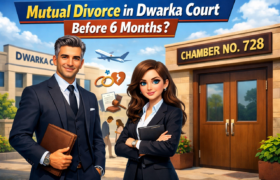 Illustration of advocate explaining situations where Mutual Divorce in Dwarka Court can be granted before 6 months, with Dwarka Court complex and Chamber No. 728 in background.