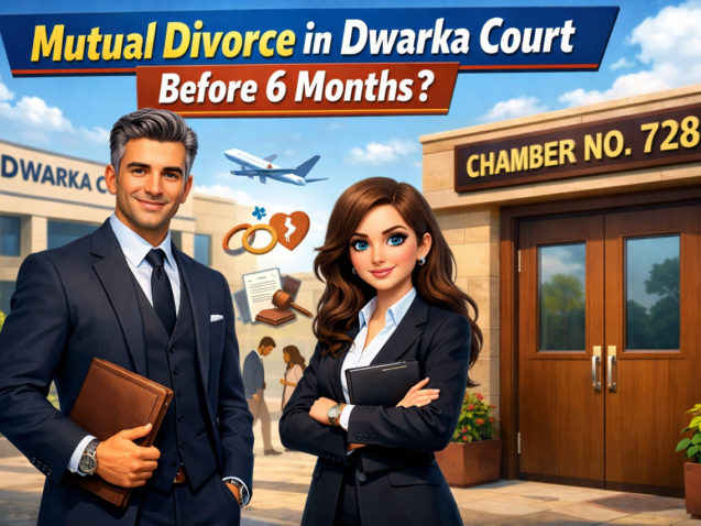 Illustration of advocate explaining situations where Mutual Divorce in Dwarka Court can be granted before 6 months, with Dwarka Court complex and Chamber No. 728 in background.