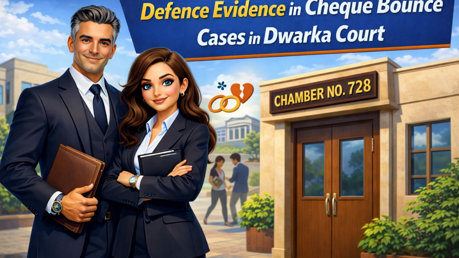 Cheque Bounce Advocate in Dwarka Court explaining defence evidence strategy in cheque dishonour case outside Dwarka Court with Chamber No. 728 background.