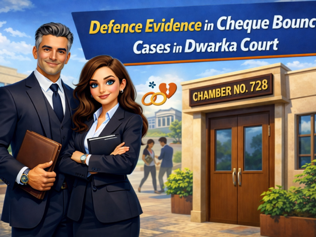 Cheque Bounce Advocate in Dwarka Court explaining defence evidence strategy in cheque dishonour case outside Dwarka Court with Chamber No. 728 background.