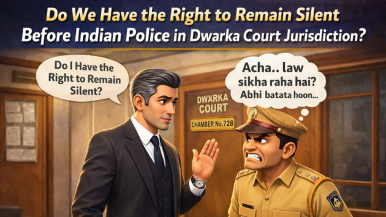 Advocate asking right to remain silent before Indian police at Dwarka Court Chamber No 728 with police officer reaction