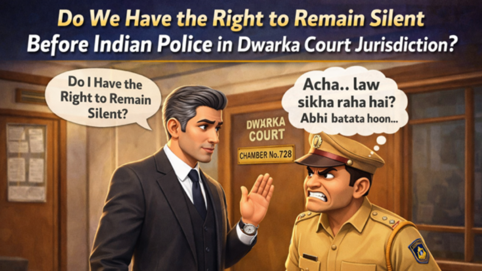 Advocate asking right to remain silent before Indian police at Dwarka Court Chamber No 728 with police officer reaction