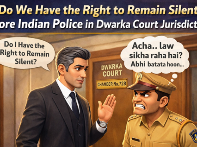 Advocate asking right to remain silent before Indian police at Dwarka Court Chamber No 728 with police officer reaction