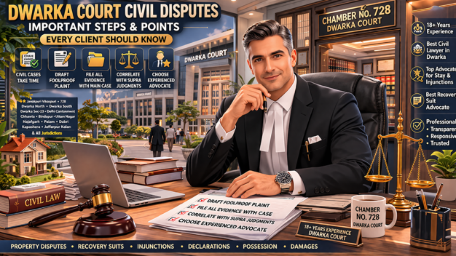 Civil Advocate in Dwarka Court explaining legal case strategy to client