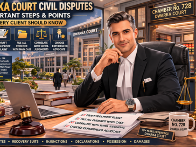 Civil Advocate in Dwarka Court explaining legal case strategy to client