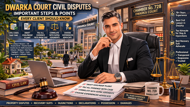 Civil Advocate in Dwarka Court explaining legal case strategy to client