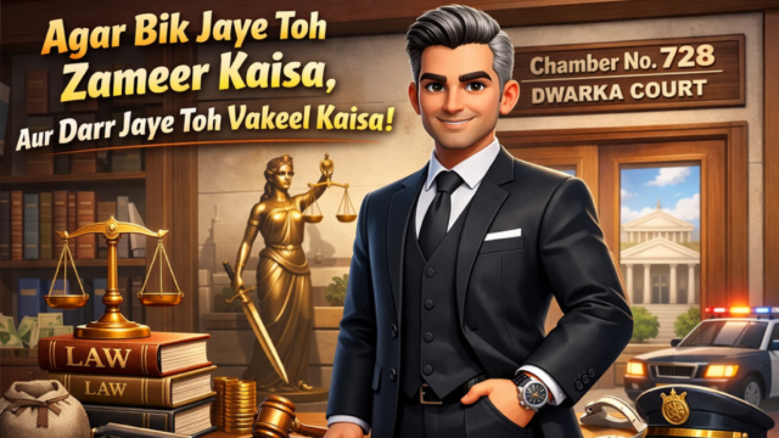 Advocate Dwarka Court professional lawyer standing confidently with court background