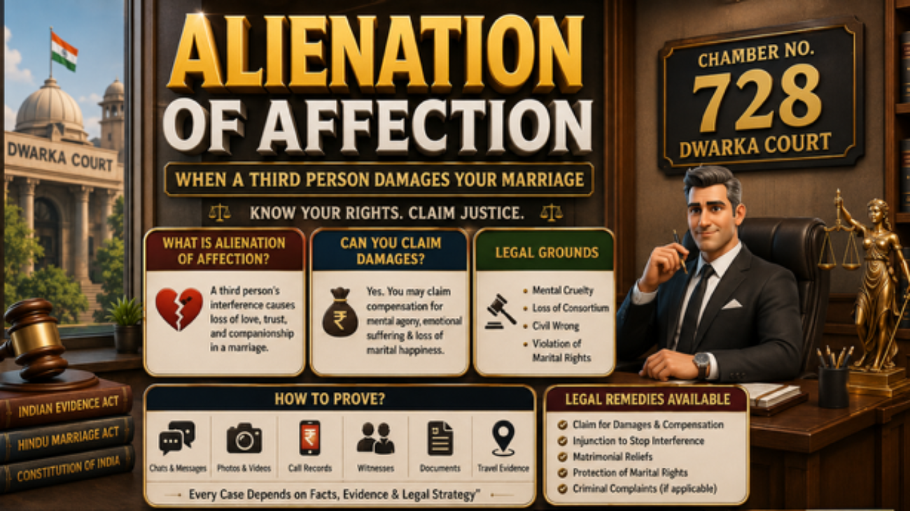Alienation of Affection case advocate in Dwarka Court explaining damages and matrimonial legal remedies