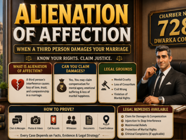 Alienation of Affection case advocate in Dwarka Court explaining damages and matrimonial legal remedies