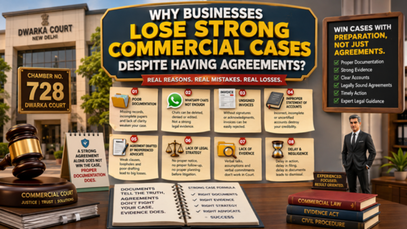 Best Commercial Court Advocate Dwarka Delhi explaining commercial dispute documentation mistakes
