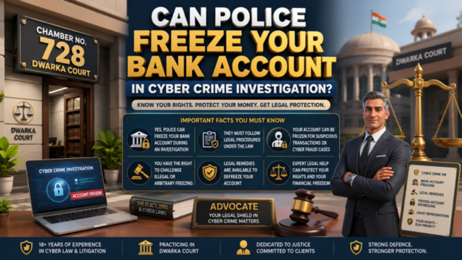 Best Cyber Crime Lawyer in Dwarka Delhi helping clients in frozen bank account and cyber FIR cases