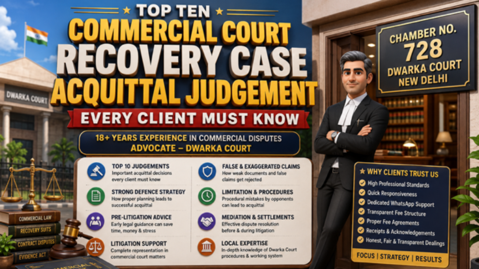 Best Commercial Court Advocate in Dwarka Court Delhi handling recovery case acquittal and commercial disputes