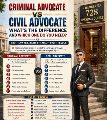 Difference between Criminal Advocate and Civil Advocate near Dwarka Court Delhi