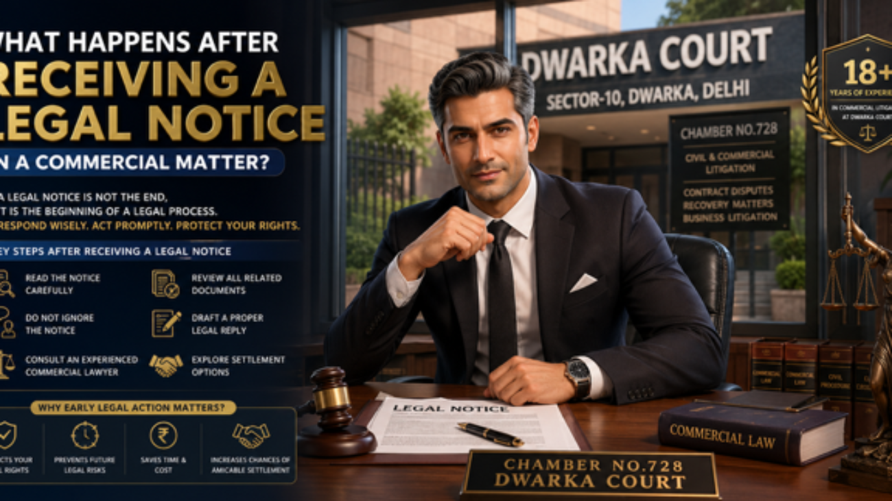 Commercial Court Advocate in Dwarka Court Delhi explaining legal notice process to business client-Legal Notice in a Commercial Matter