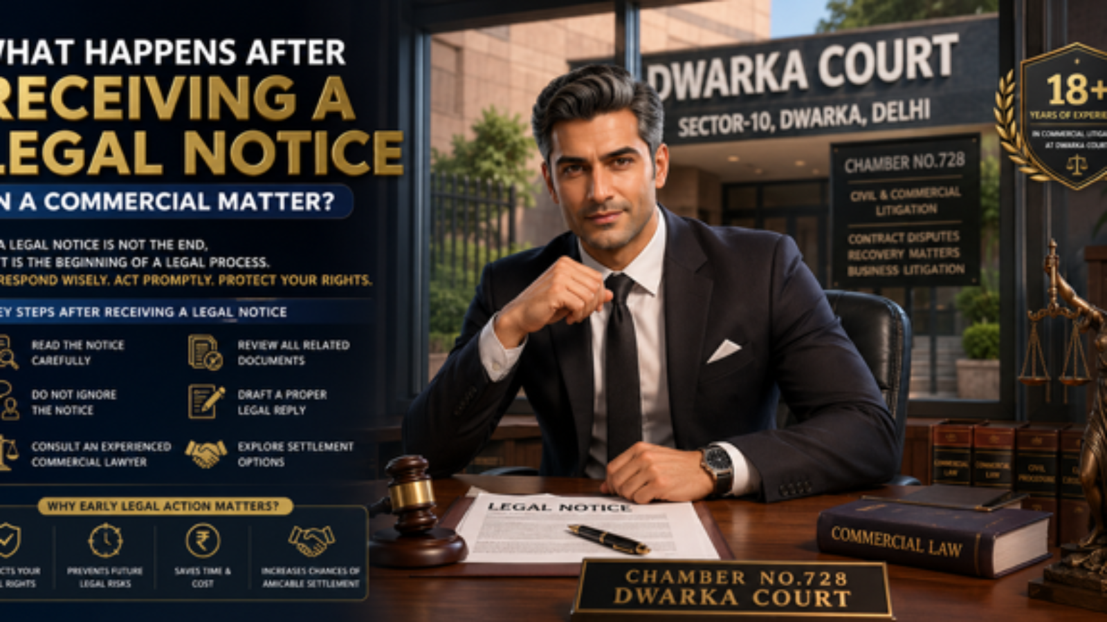 Commercial Court Advocate in Dwarka Court Delhi explaining legal notice process to business client-Legal Notice in a Commercial Matter