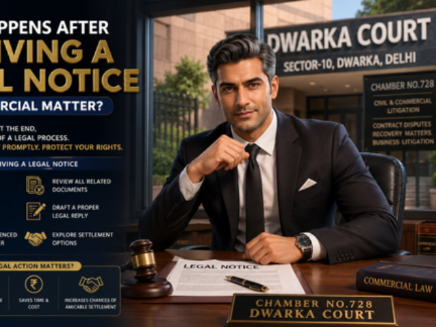 Commercial Court Advocate in Dwarka Court Delhi explaining legal notice process to business client-Legal Notice in a Commercial Matter