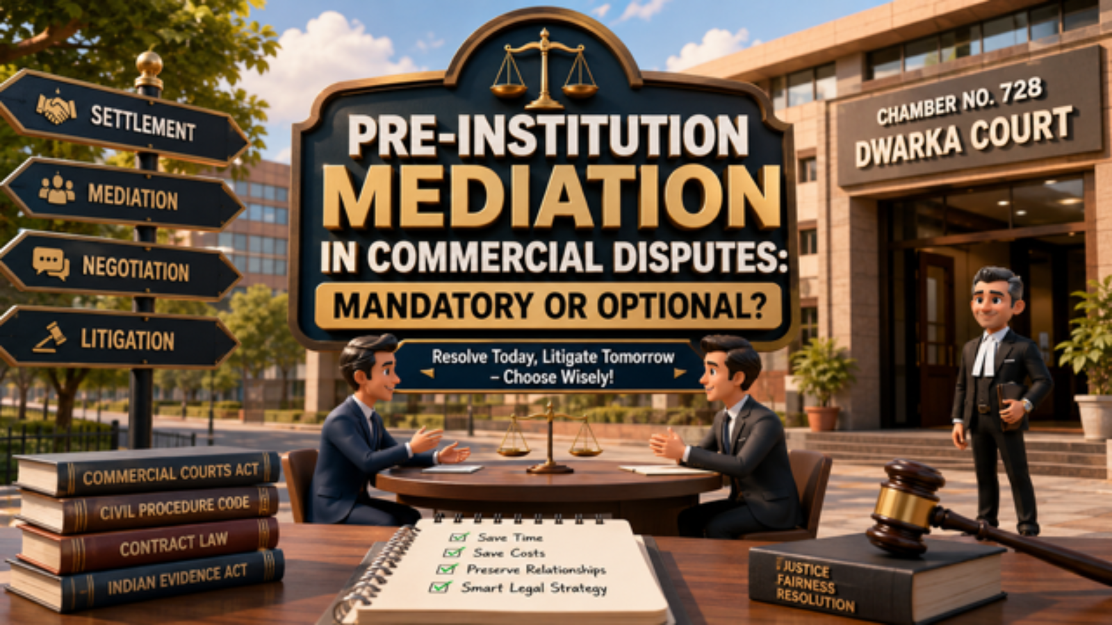 Commercial Court Advocate in Dwarka Court Delhi explaining pre-institution mediation in commercial disputes