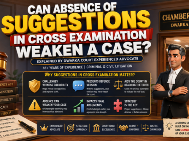 Experienced Dwarka Court advocate explaining suggestions in cross examination under Indian Evidence Act