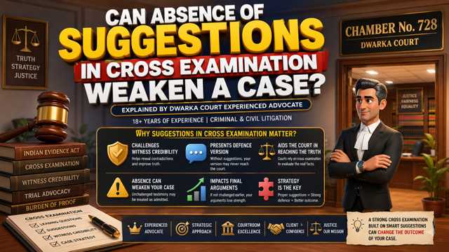 Experienced Dwarka Court advocate explaining suggestions in cross examination under Indian Evidence Act