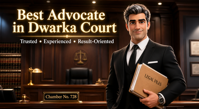 Best advocate in Dwarka Court Delhi standing confidently in courtroom chamber with professional appearance