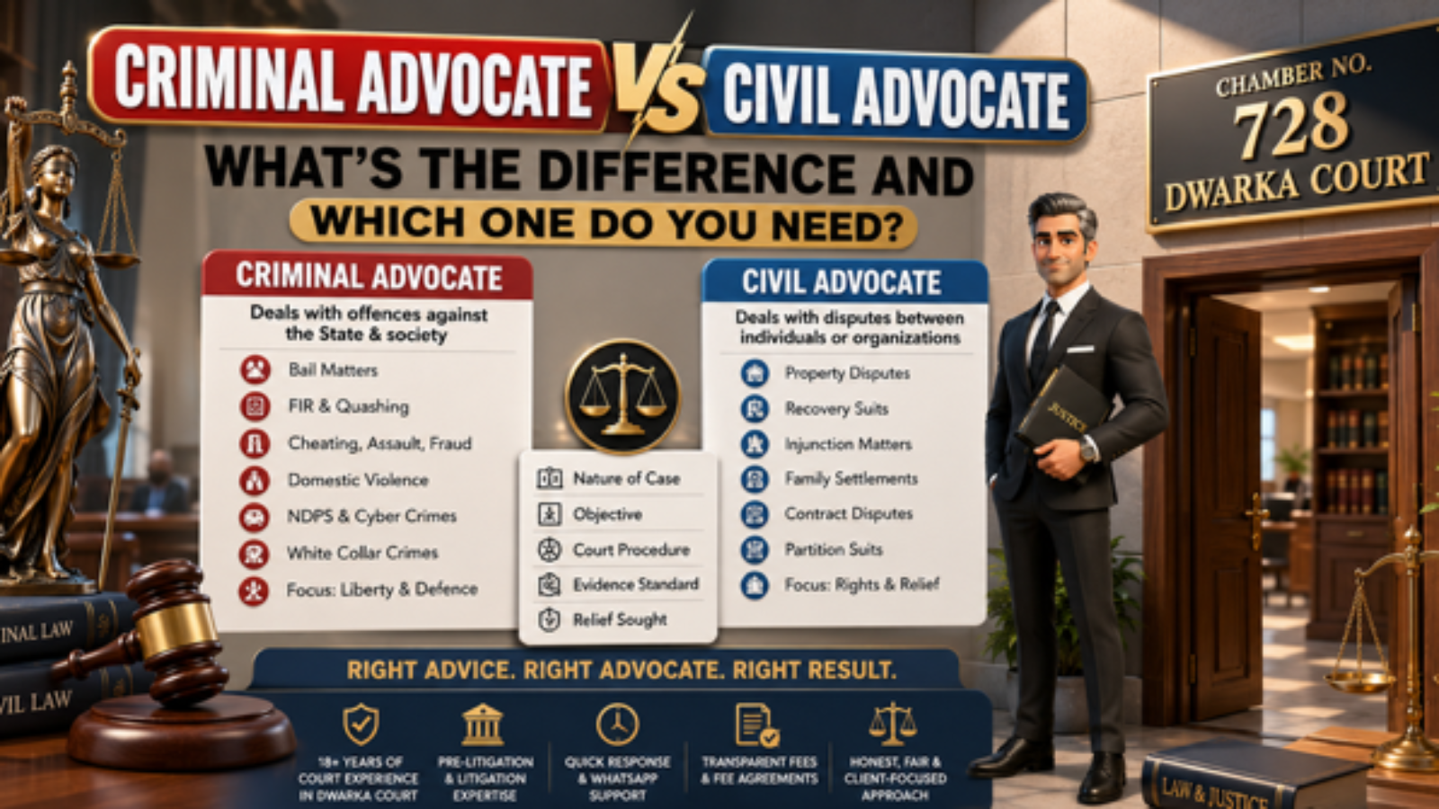 Difference between Criminal Advocate and Civil Advocate near Dwarka Court Delhi