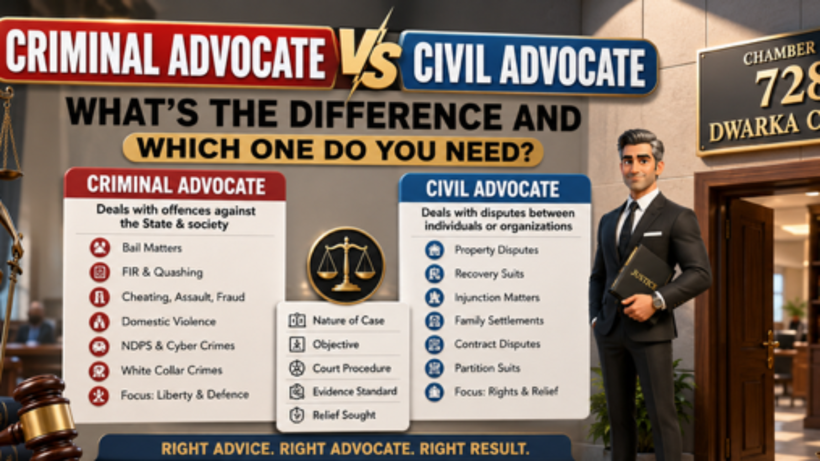 Difference between Criminal Advocate and Civil Advocate near Dwarka Court Delhi