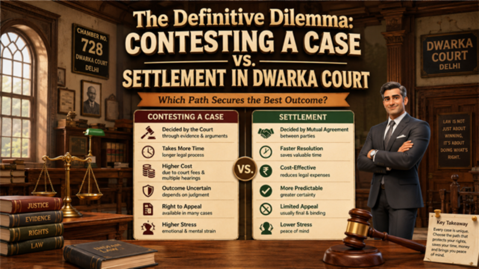 Advocate explaining contesting a case vs settlement in Dwarka Court Delhi