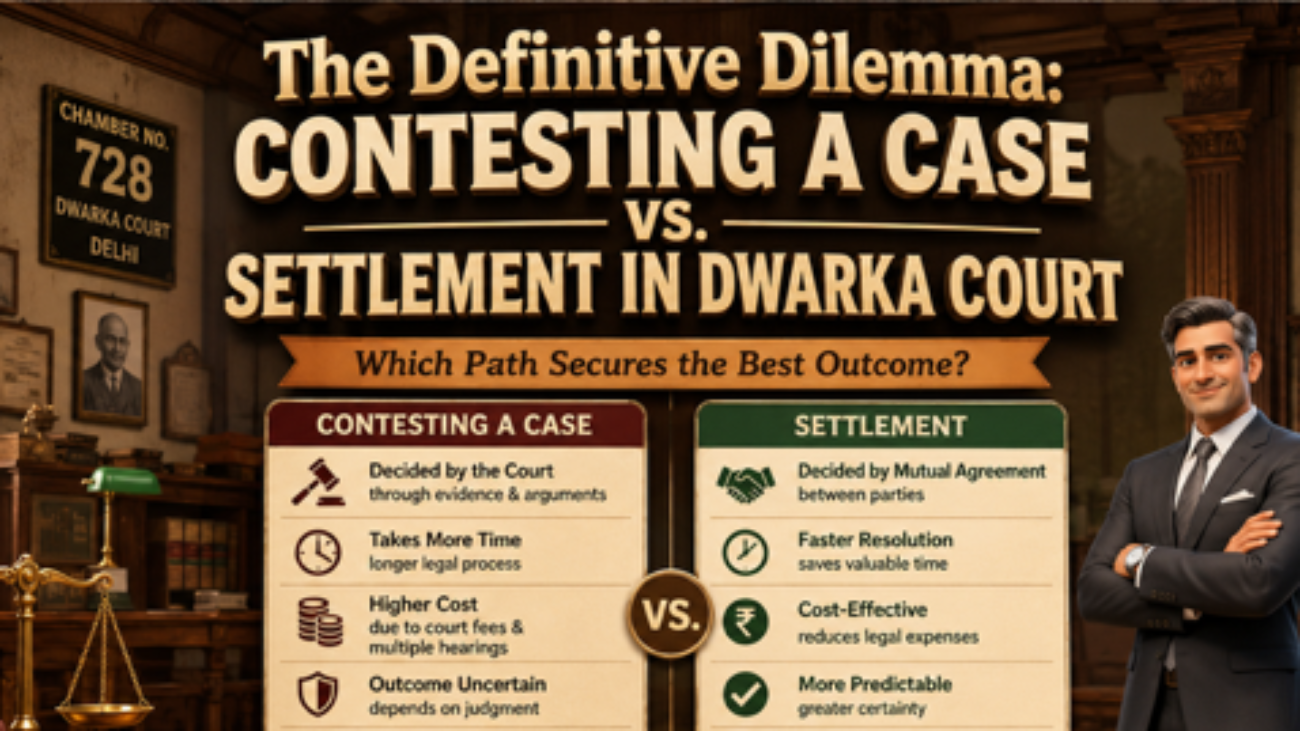 Advocate explaining contesting a case vs settlement in Dwarka Court Delhi