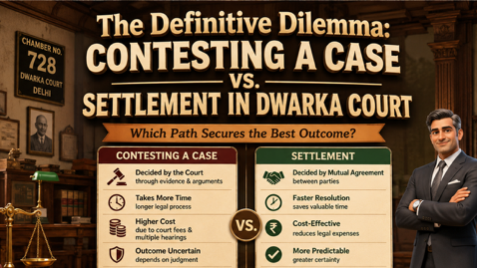 Advocate explaining contesting a case vs settlement in Dwarka Court Delhi