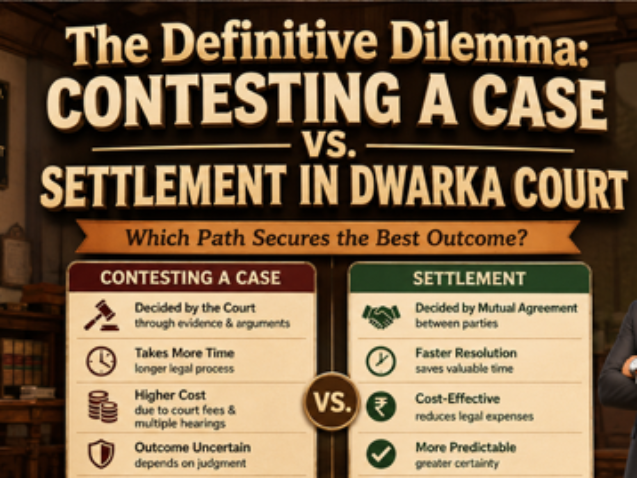 Advocate explaining contesting a case vs settlement in Dwarka Court Delhi