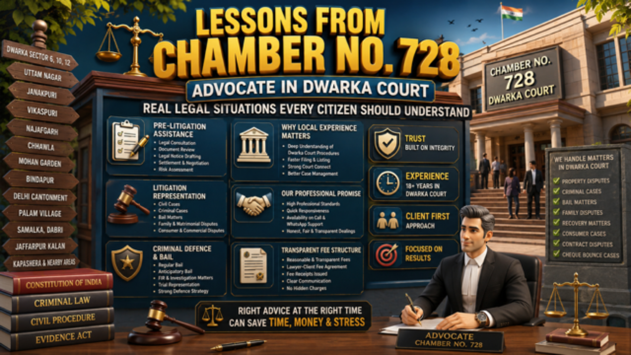 Advocate in Dwarka Court providing criminal, civil, bail and property legal services from Chamber No 728