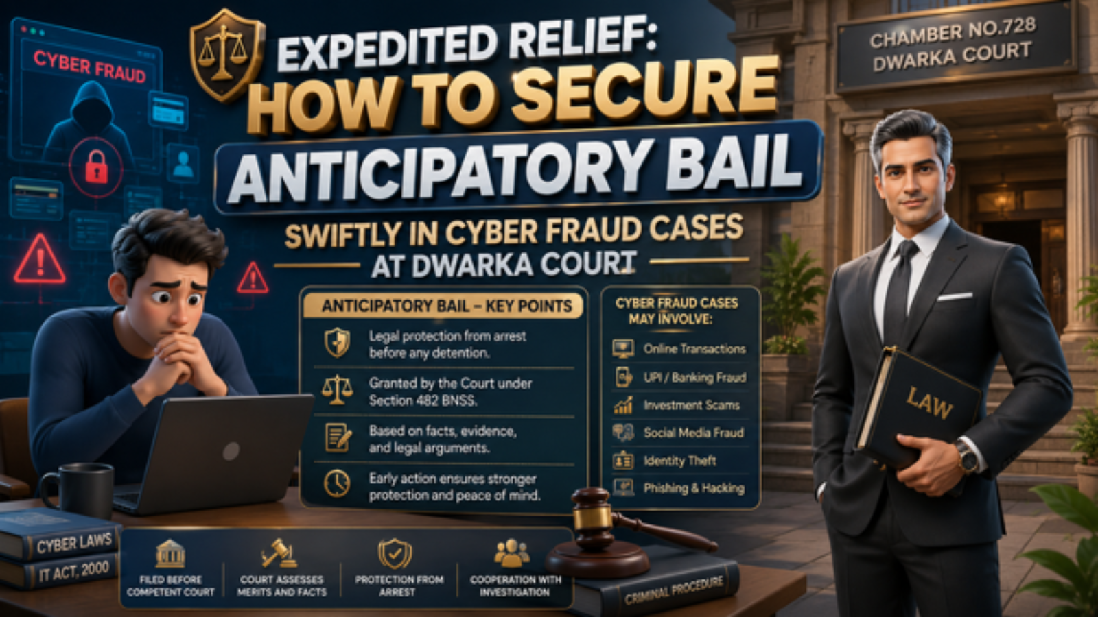 Criminal Advocate Dwarka assisting client with anticipatory bail in cyber fraud case before Dwarka Court