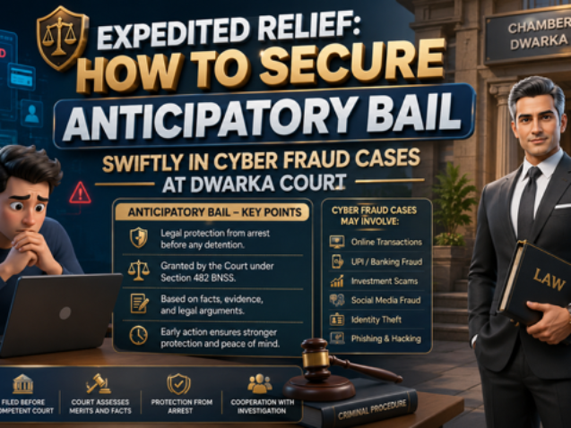 Criminal Advocate Dwarka assisting client with anticipatory bail in cyber fraud case before Dwarka Court