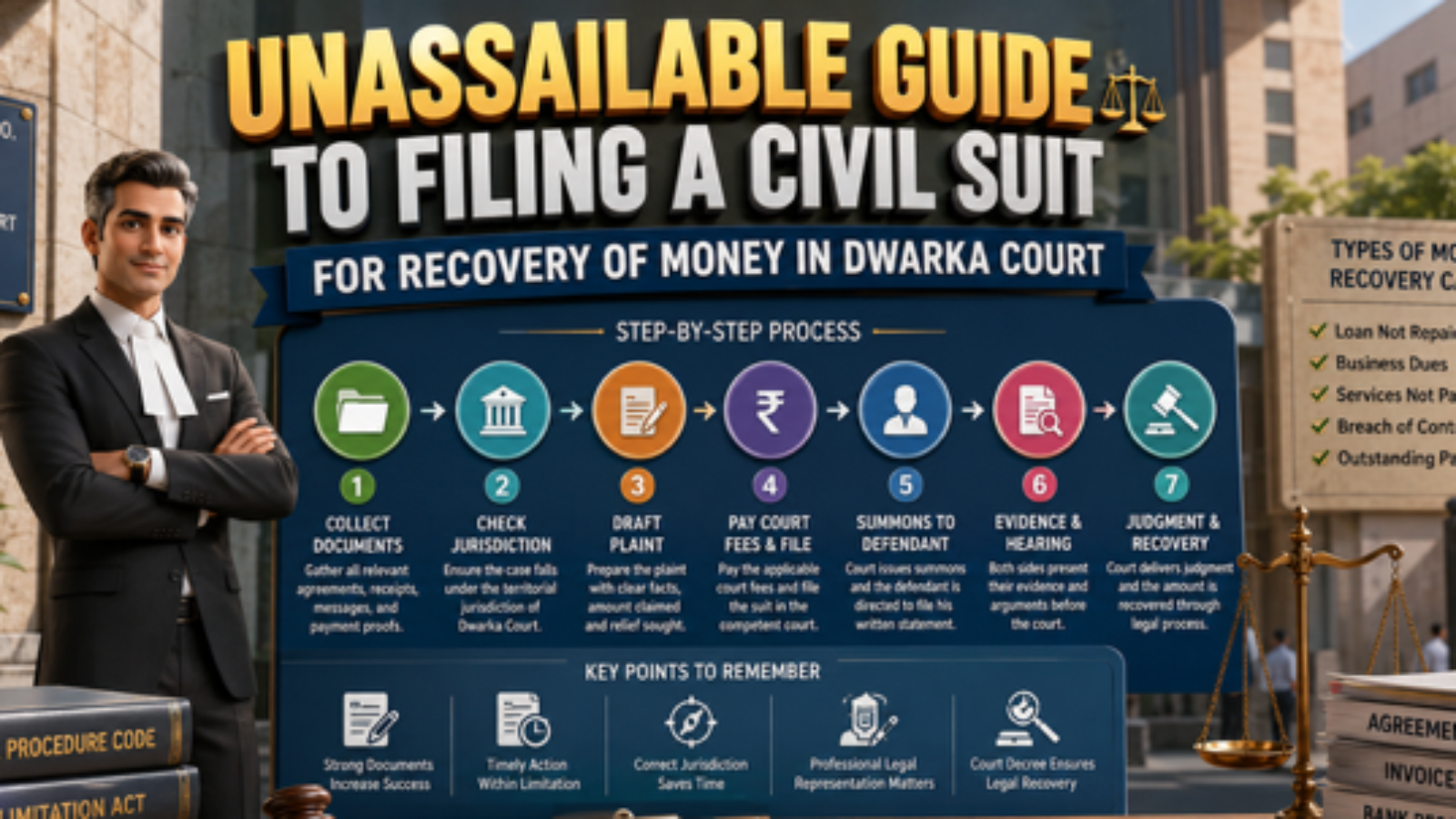 Civil Advocate Dwarka explaining money recovery suit filing process in Dwarka Court Delhi