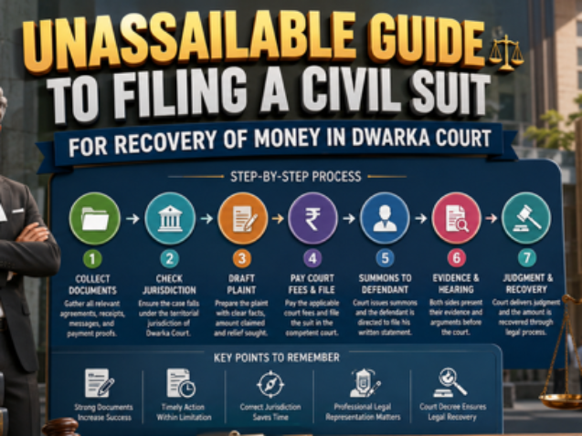 Civil Advocate Dwarka explaining money recovery suit filing process in Dwarka Court Delhi