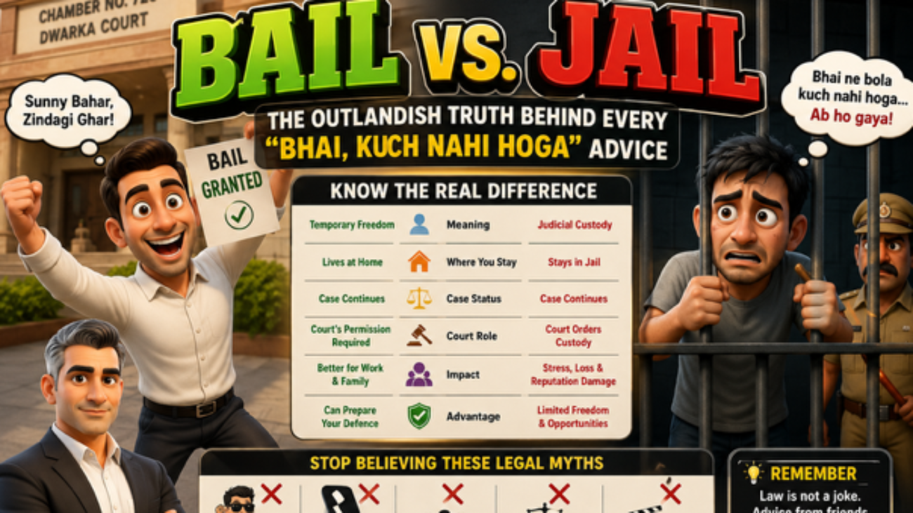 Criminal Advocate in Dwarka Court explaining the difference between Bail vs. Jail with humorous legal illustrations.