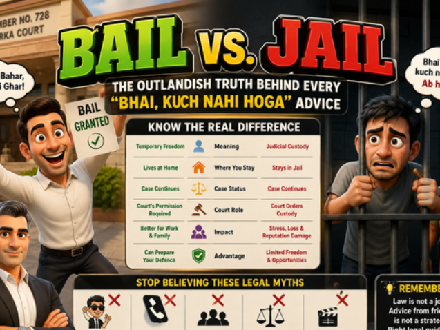 Criminal Advocate in Dwarka Court explaining the difference between Bail vs. Jail with humorous legal illustrations.