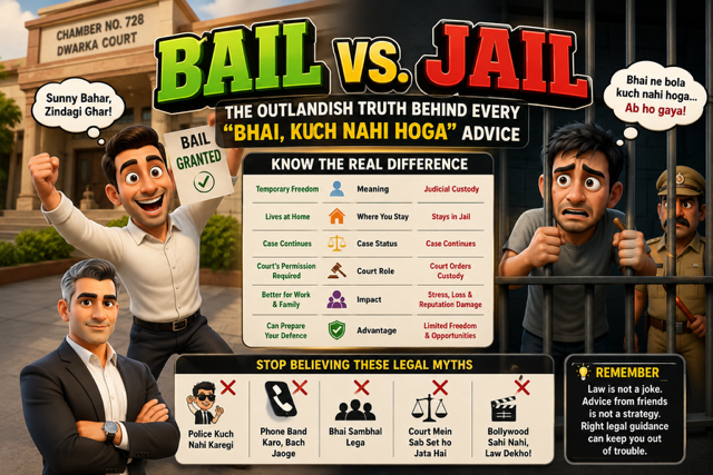 Criminal Advocate in Dwarka Court explaining the difference between Bail vs. Jail with humorous legal illustrations.