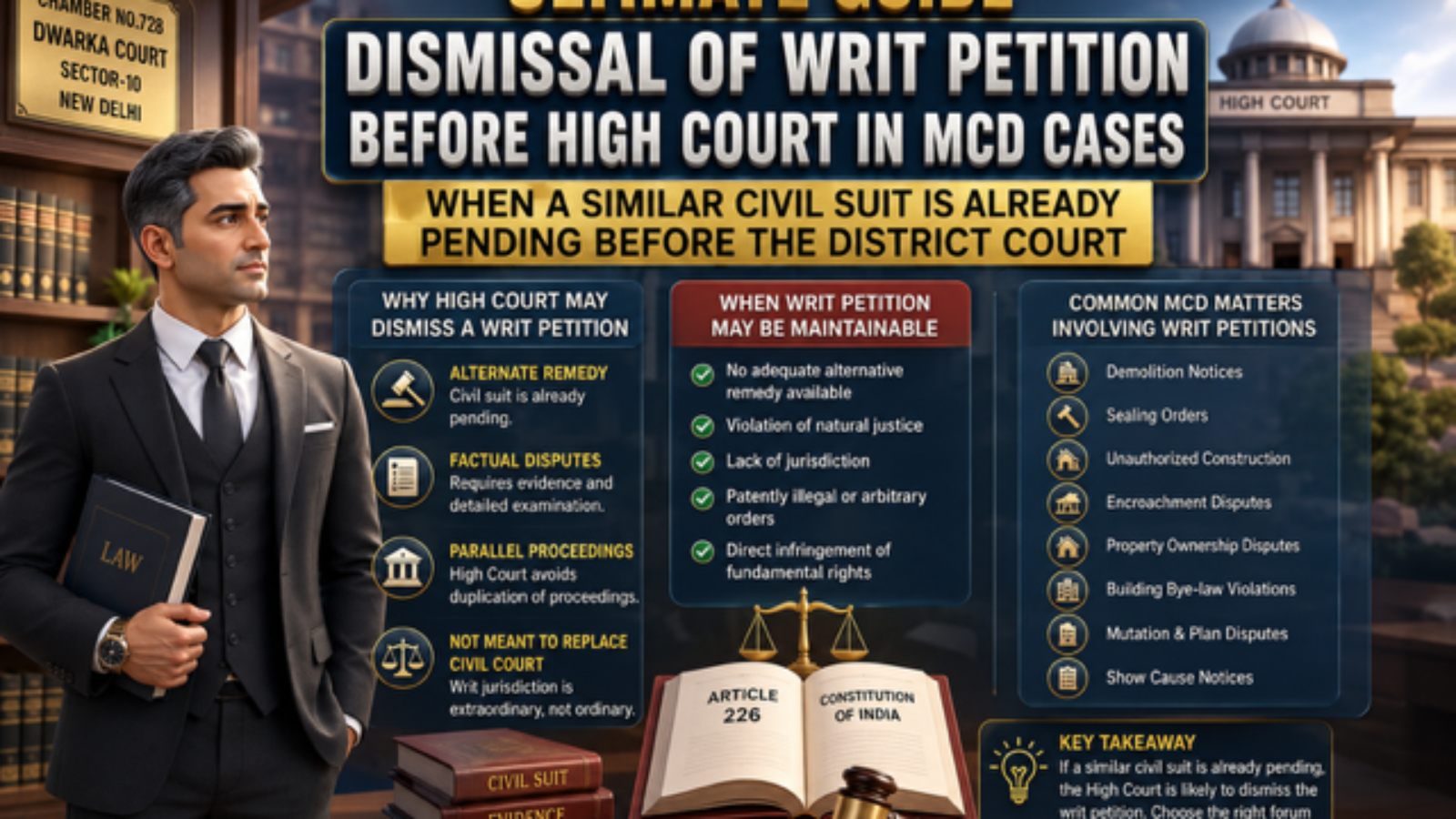 Advocate explaining dismissal of writ petition in MCD demolition case before High Court when civil suit is pending in District Court