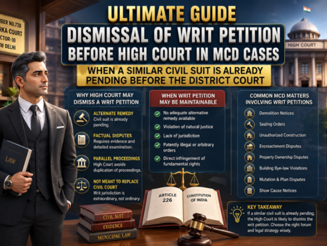 Advocate explaining dismissal of writ petition in MCD demolition case before High Court when civil suit is pending in District Court