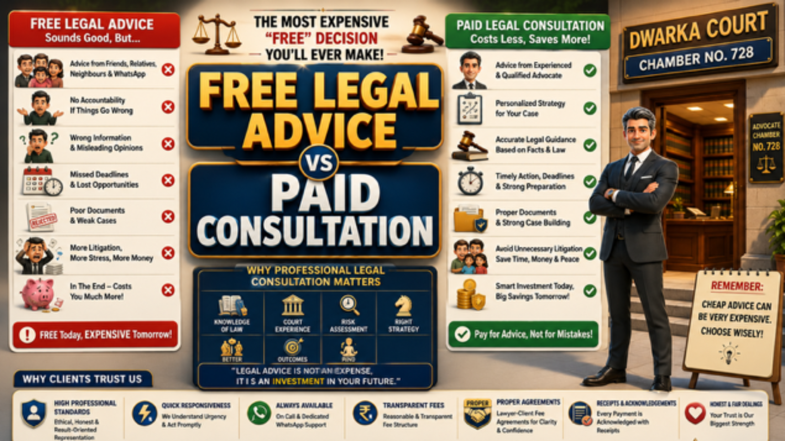Advocate explaining the difference between free legal advice and paid legal consultation near Dwarka Court
