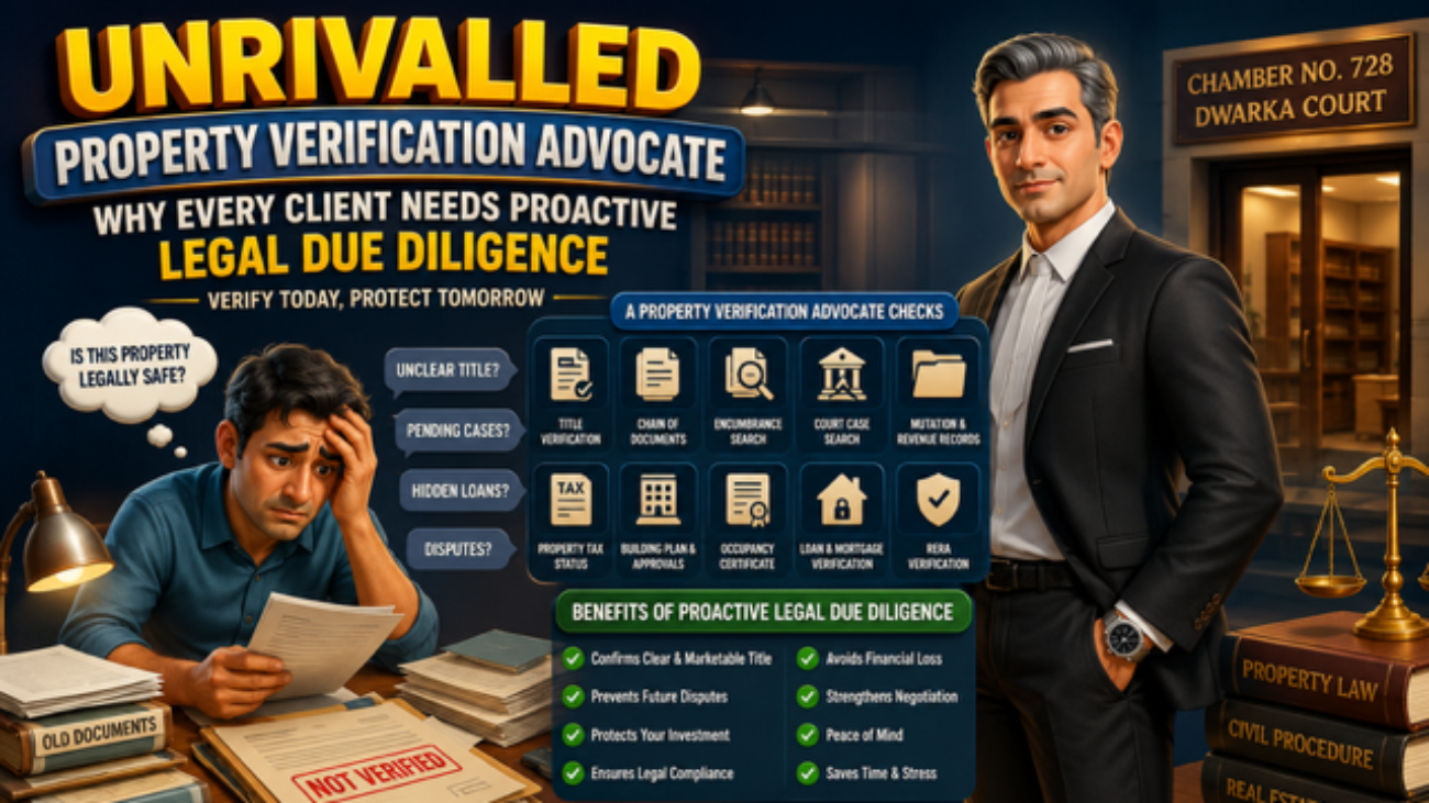Property Verification Advocate verifying property documents and conducting legal due diligence in Dwarka Court Delhi.