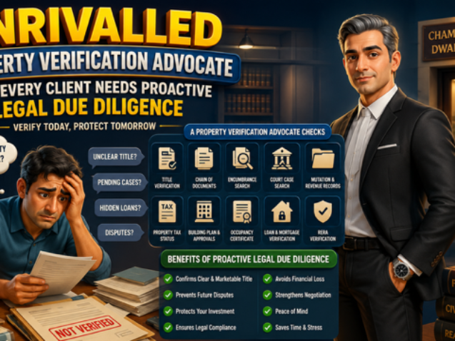 Property Verification Advocate verifying property documents and conducting legal due diligence in Dwarka Court Delhi.