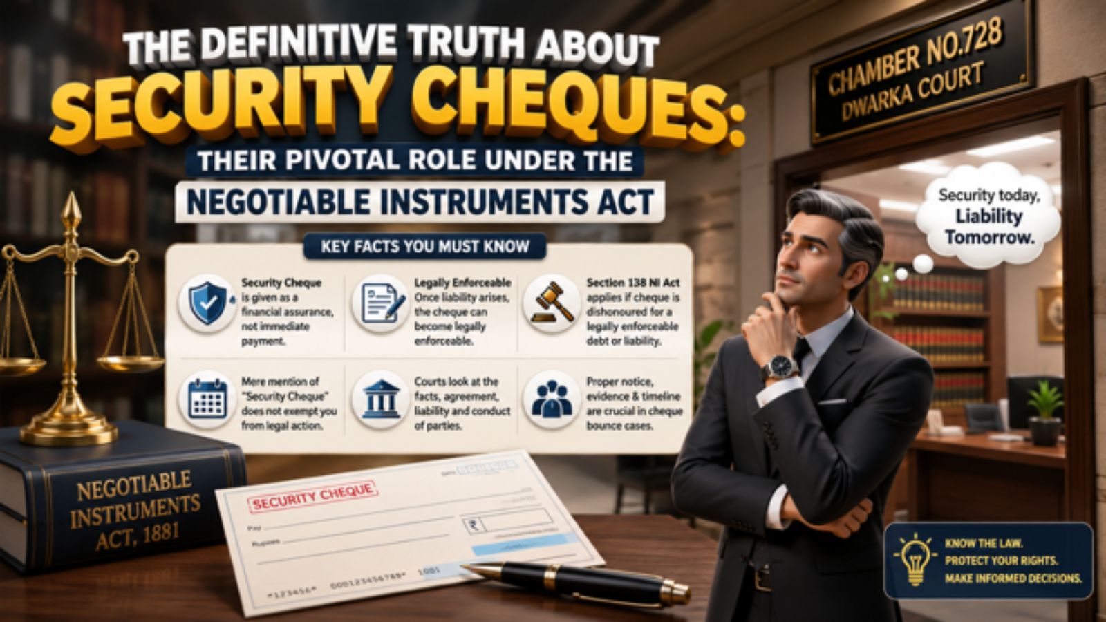 Advocate explaining the truth about security cheques and Section 138 NI Act near Dwarka Court Delhi