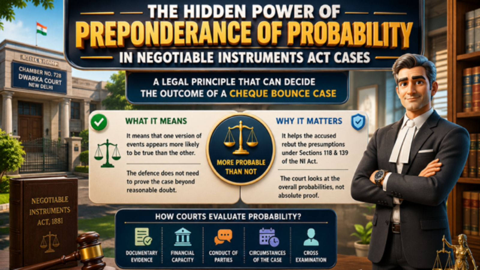 Advocate explaining the hidden power of Preponderance of Probability in Negotiable Instruments Act Cases before Dwarka Court, Delhi.